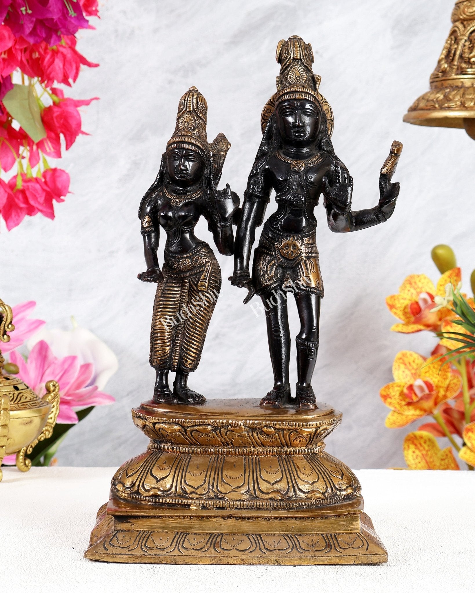 Black Finish Brass Shiva Parvati Standing Idol – Divine Harmony & Eternal Union Sculpture - Budhshiv.com