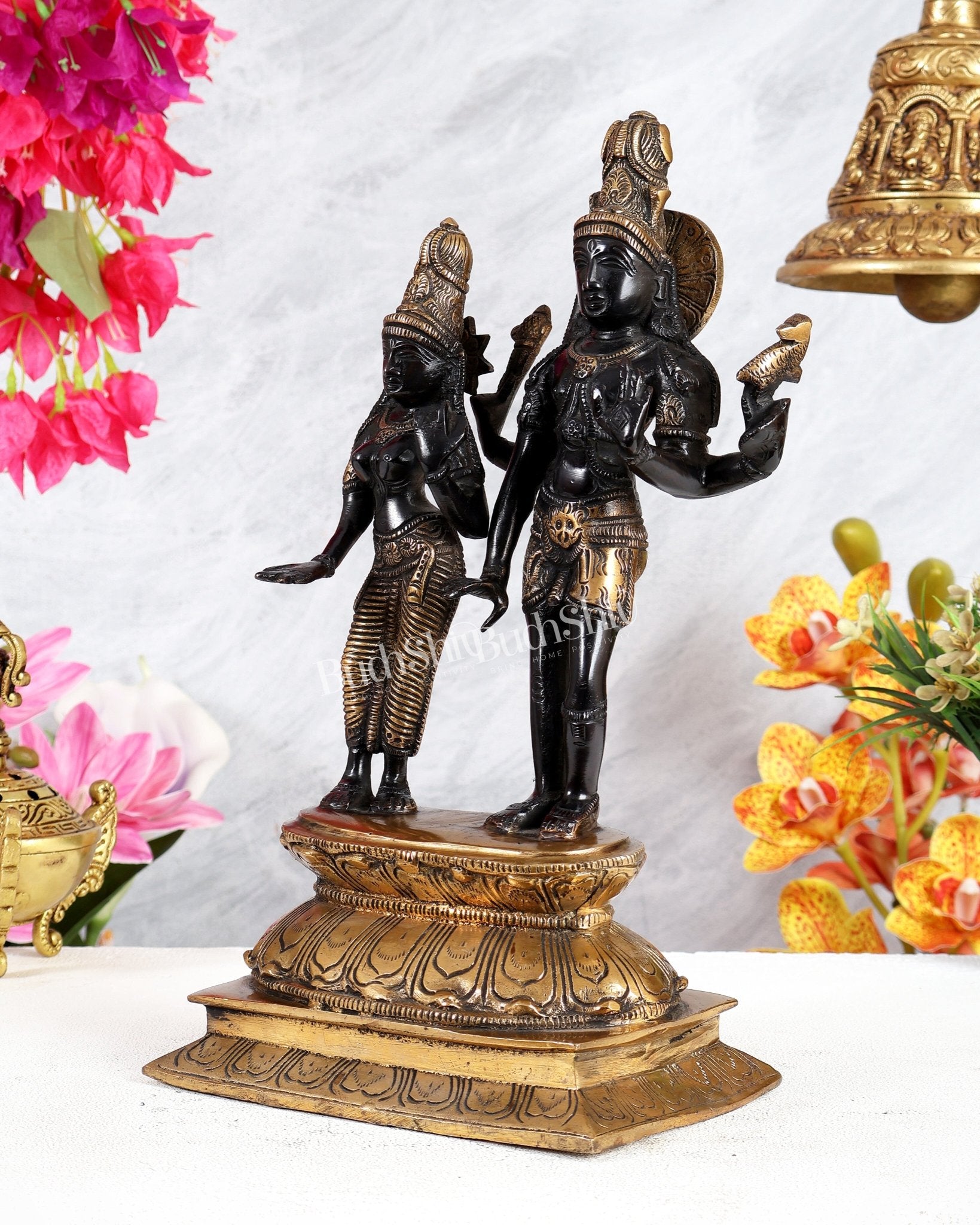 Black Finish Brass Shiva Parvati Standing Idol – Divine Harmony & Eternal Union Sculpture - Budhshiv.com