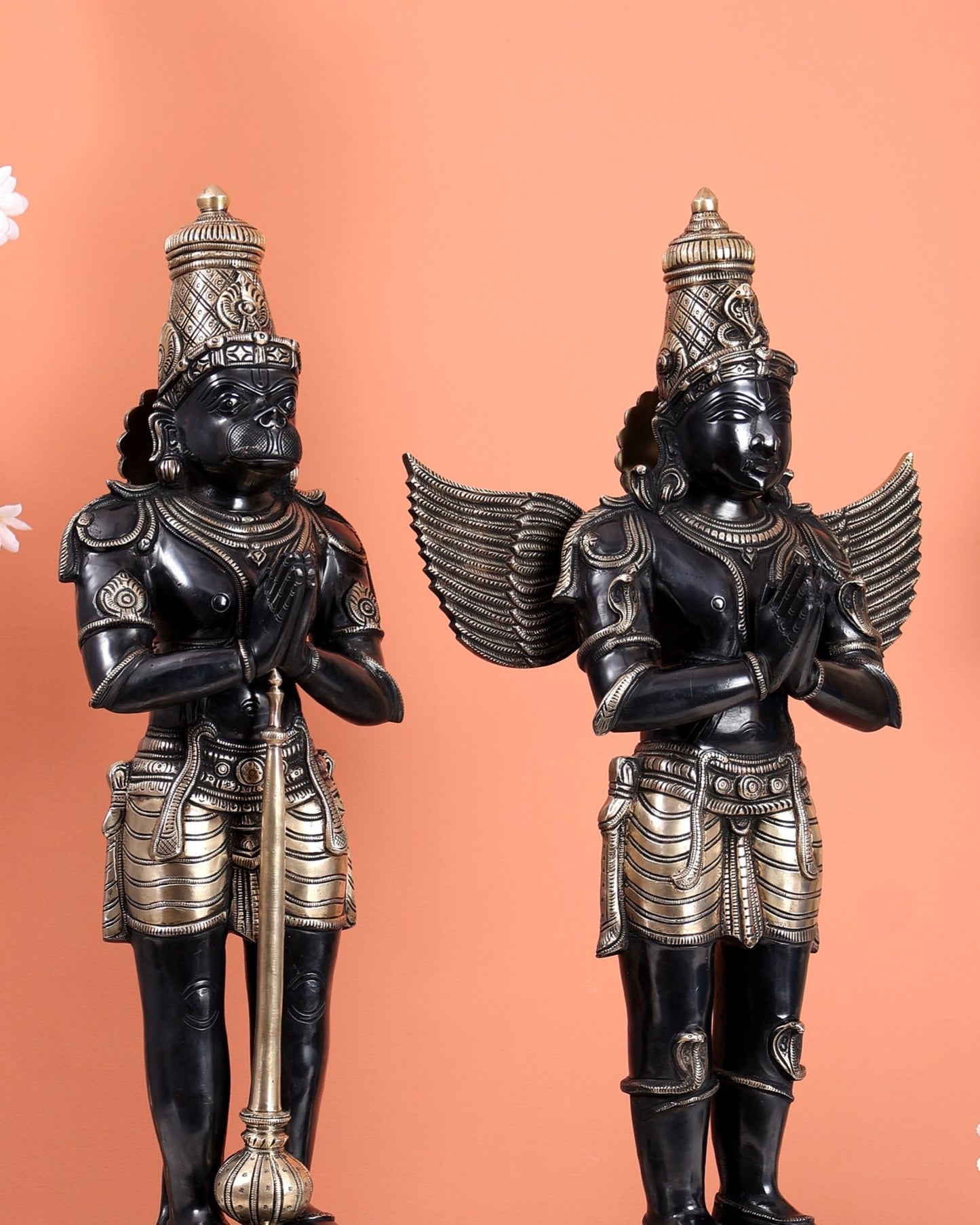 Black Finish Chola Inspired Brass Hanuman & Garuda Statue Pair – Divine Standing Sculptures (24 Inches) - Budhshiv.com