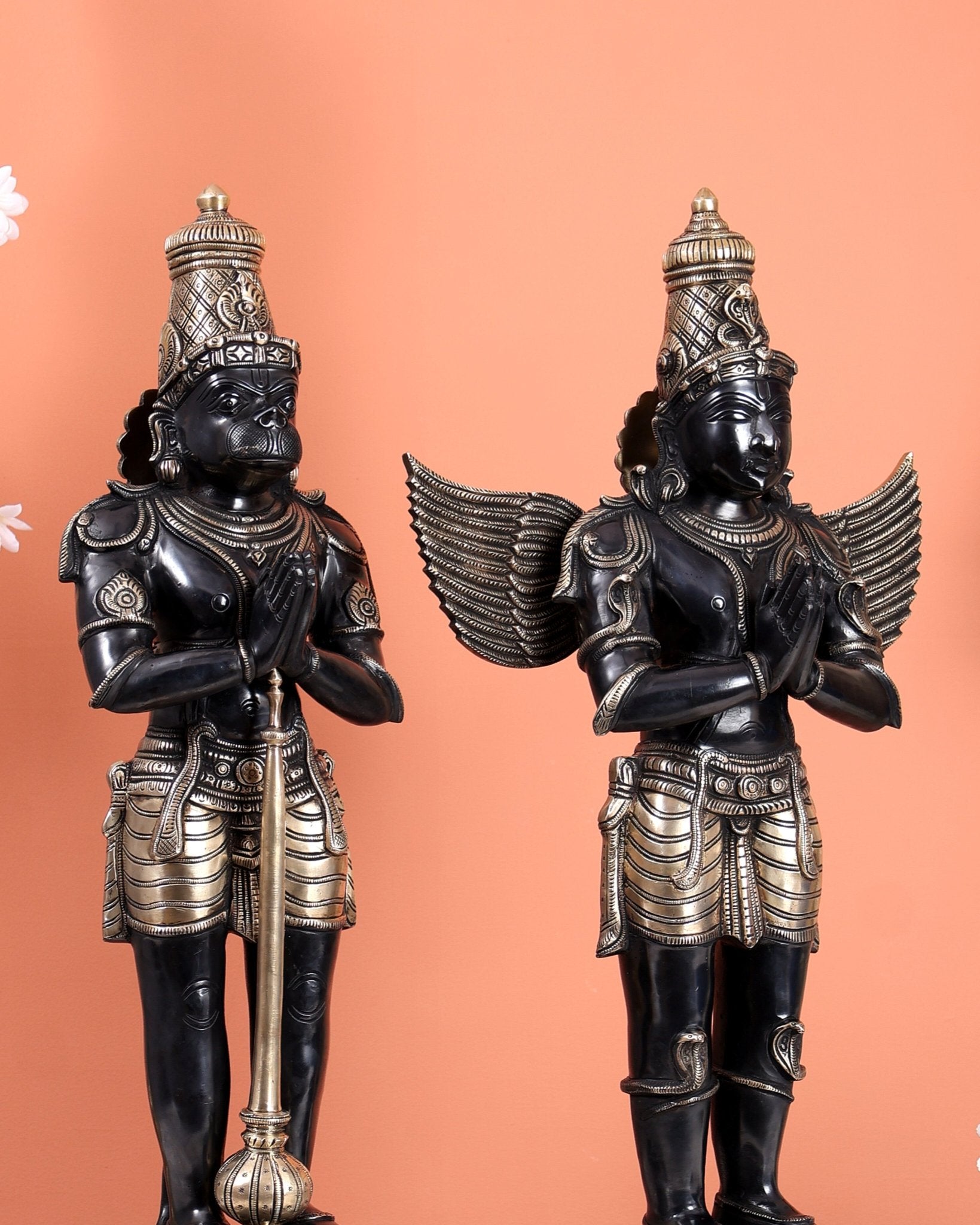 Black Finish Chola Inspired Brass Hanuman & Garuda Statue Pair – Divine Standing Sculptures (24 Inches) - Budhshiv.com