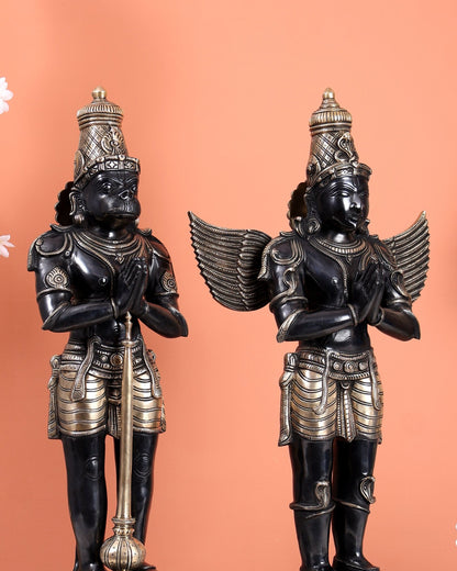 Black Finish Chola Inspired Brass Hanuman & Garuda Statue Pair – Divine Standing Sculptures (24 Inches) - Budhshiv.com