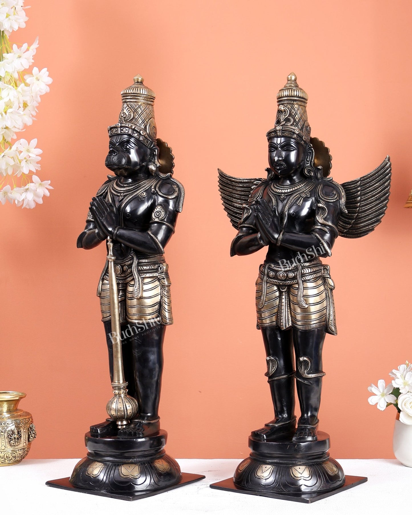 Black Finish Chola Inspired Brass Hanuman & Garuda Statue Pair – Divine Standing Sculptures (24 Inches) - Budhshiv.com