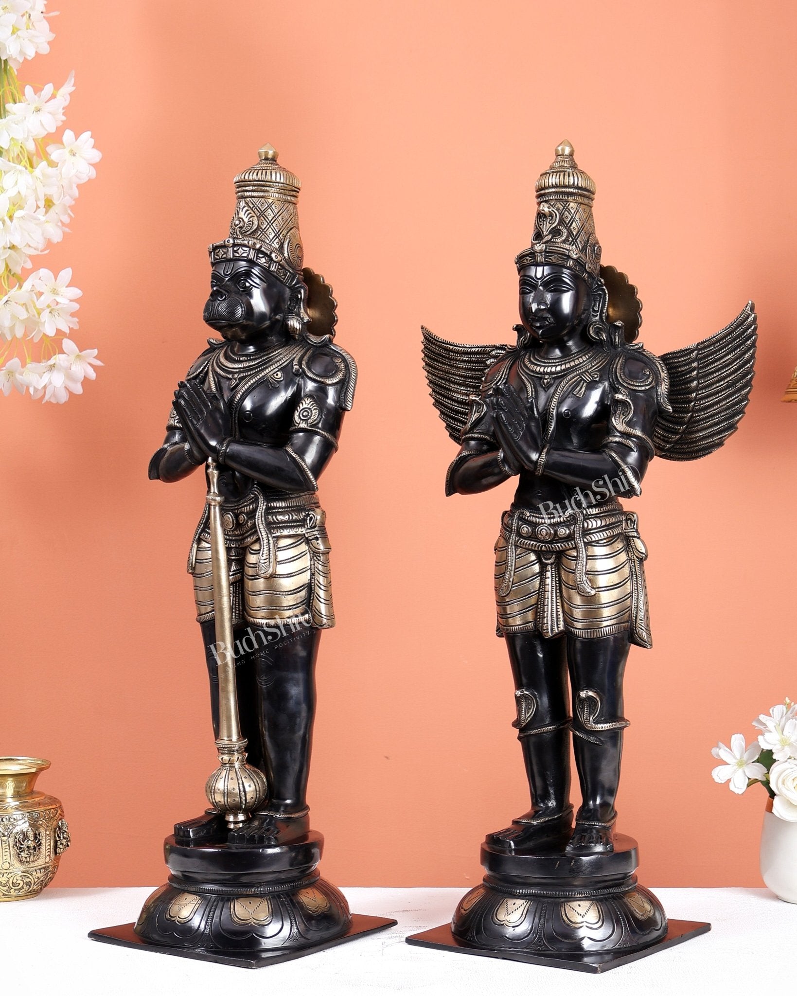 Black Finish Chola Inspired Brass Hanuman & Garuda Statue Pair – Divine Standing Sculptures (24 Inches) - Budhshiv.com