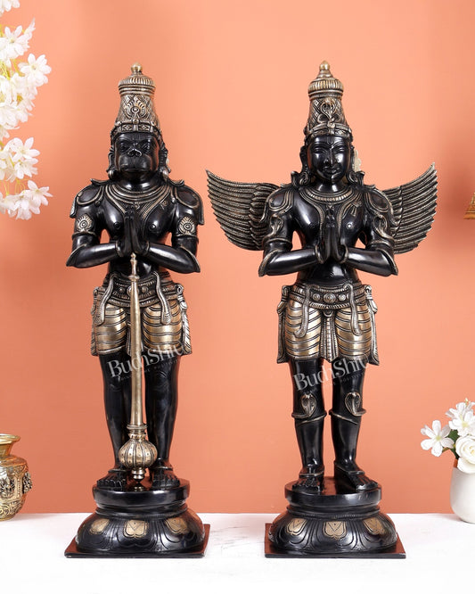 Black Finish Chola Inspired Brass Hanuman & Garuda Statue Pair – Divine Standing Sculptures (24 Inches) - Budhshiv.com
