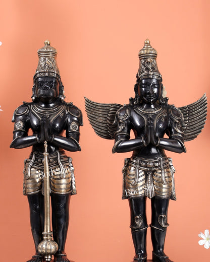 Black Finish Chola Inspired Brass Hanuman & Garuda Statue Pair – Divine Standing Sculptures (24 Inches) - Budhshiv.com