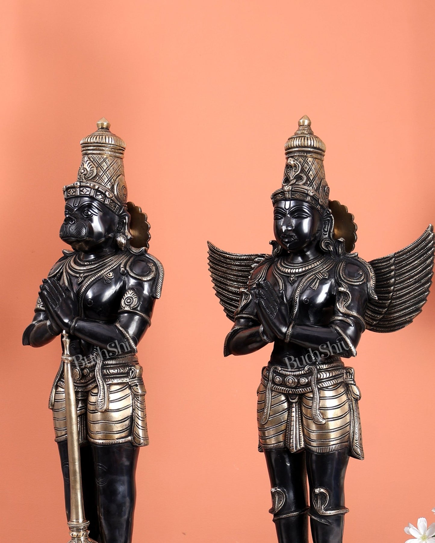 Black Finish Chola Inspired Brass Hanuman & Garuda Statue Pair – Divine Standing Sculptures (24 Inches) - Budhshiv.com