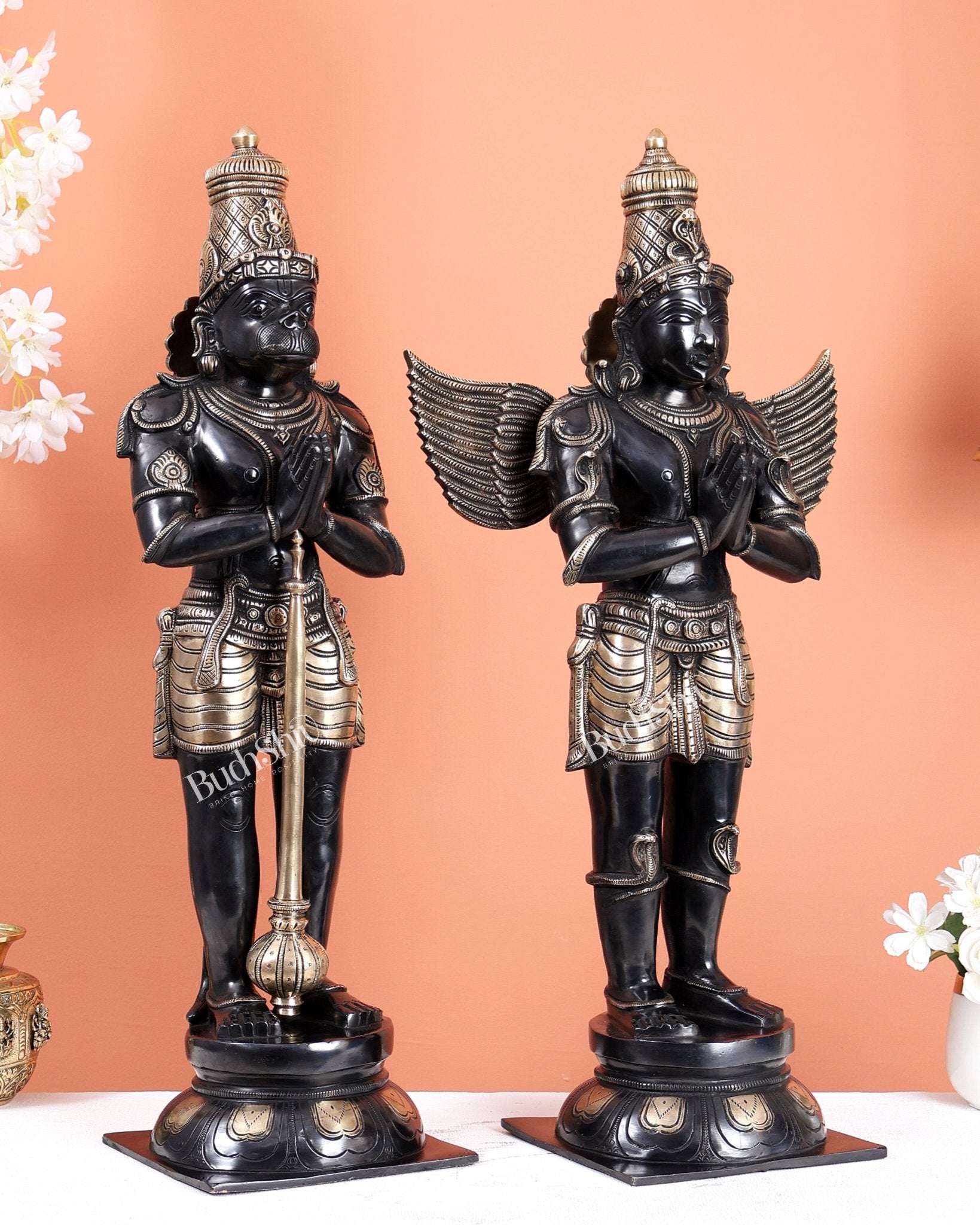 Black Finish Chola Inspired Brass Hanuman & Garuda Statue Pair – Divine Standing Sculptures (24 Inches) - Budhshiv.com