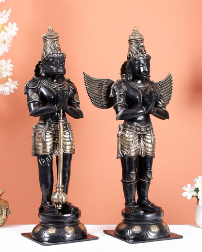 Black Finish Chola Inspired Brass Hanuman & Garuda Statue Pair – Divine Standing Sculptures (24 Inches) - Budhshiv.com