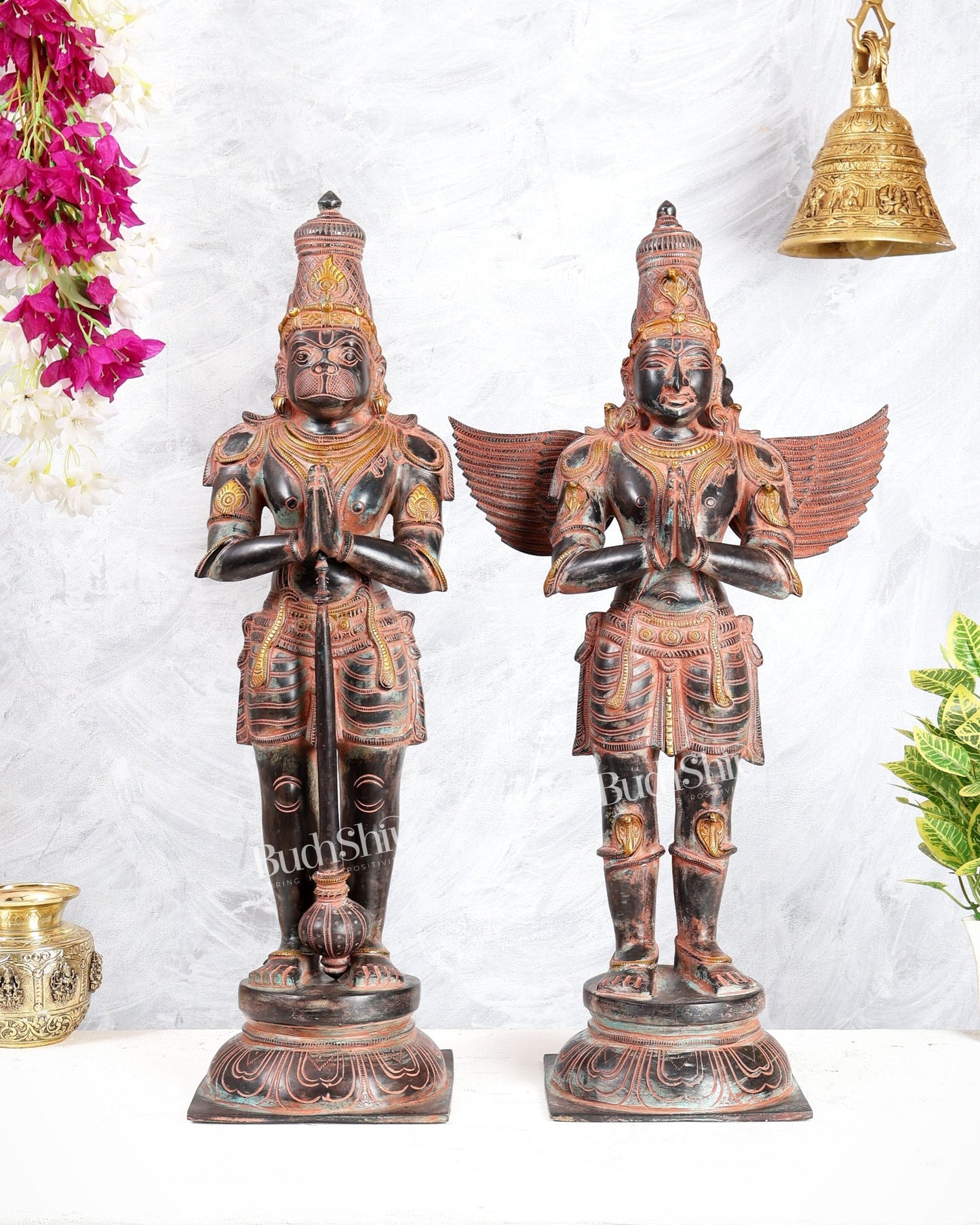 Black Finish Chola Inspired Brass Hanuman & Garuda Statue Pair – Divine Standing Sculptures 24" red sand finish - Budhshiv.com