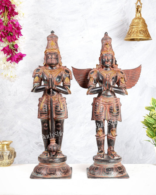 Black Finish Chola Inspired Brass Hanuman & Garuda Statue Pair – Divine Standing Sculptures 24" red sand finish - Budhshiv.com
