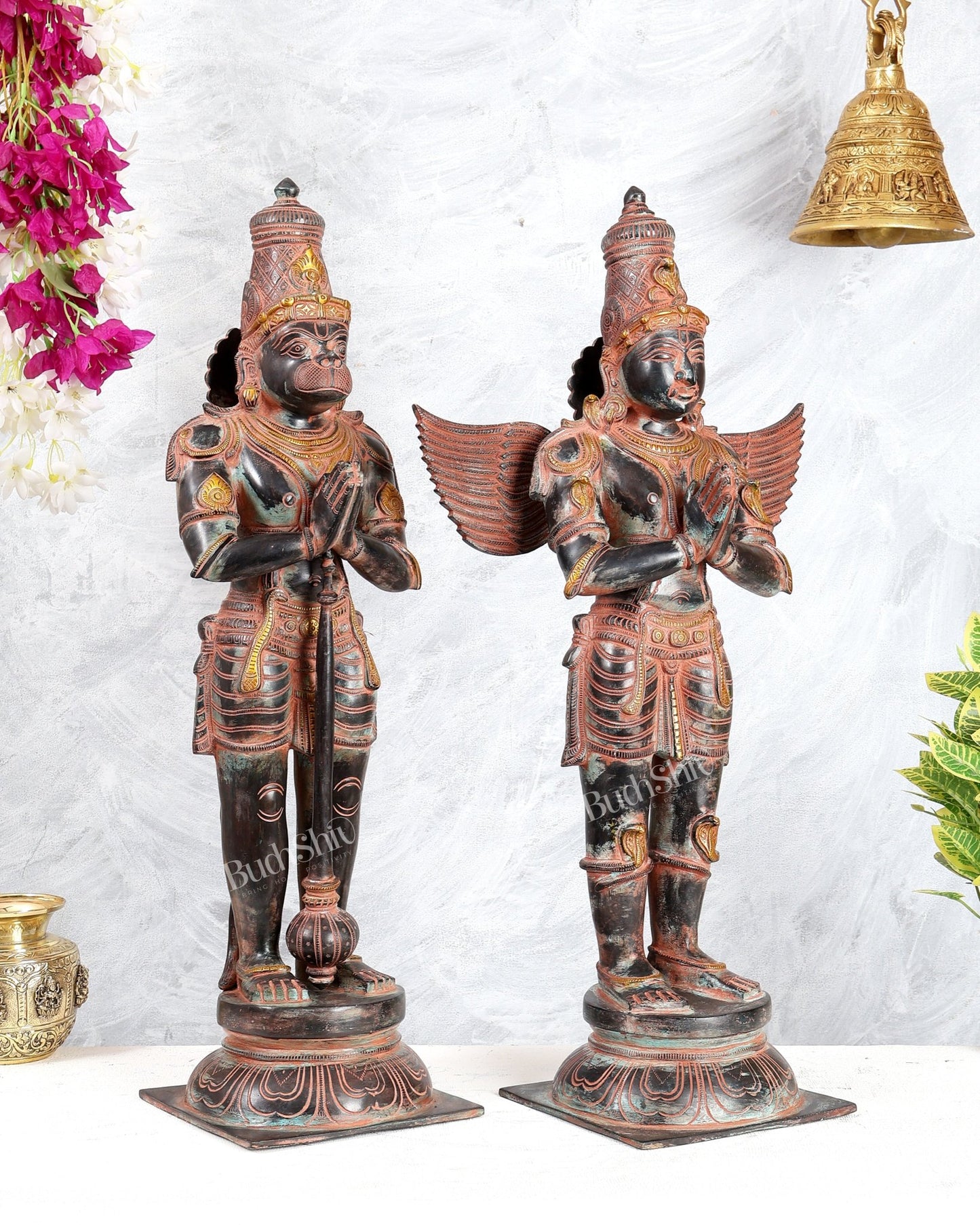 Black Finish Chola Inspired Brass Hanuman & Garuda Statue Pair – Divine Standing Sculptures 24" red sand finish - Budhshiv.com