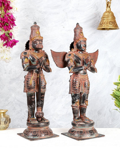Black Finish Chola Inspired Brass Hanuman & Garuda Statue Pair – Divine Standing Sculptures 24" red sand finish - Budhshiv.com