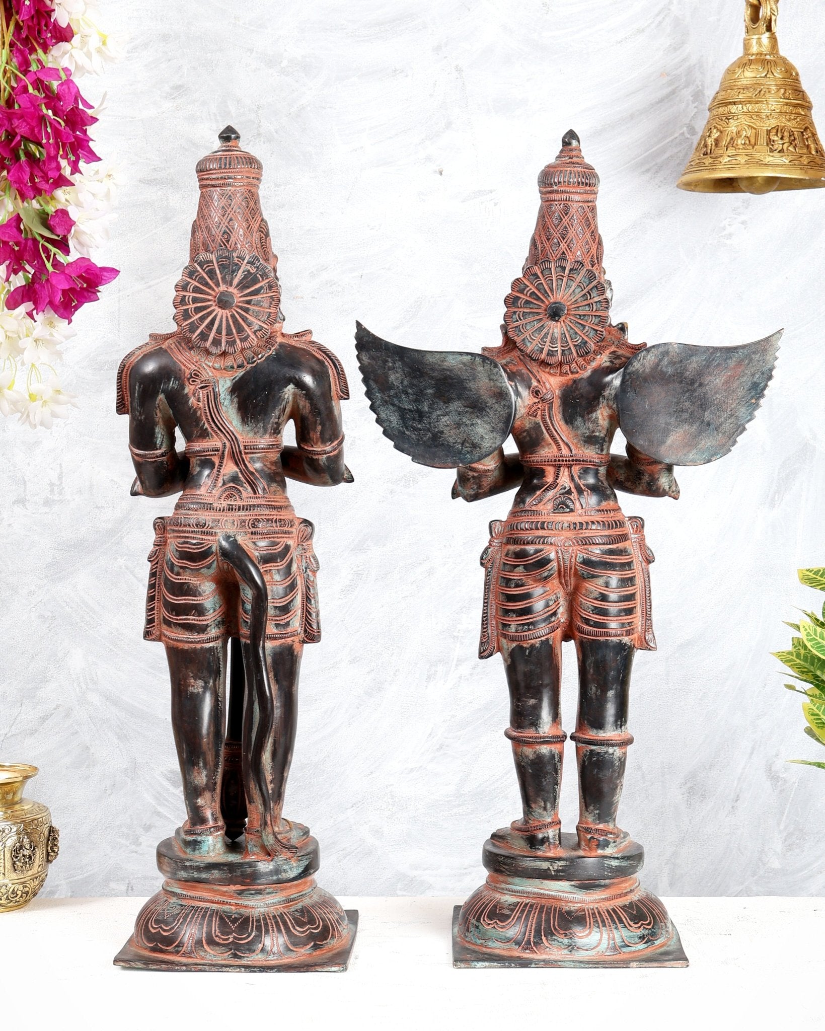 Black Finish Chola Inspired Brass Hanuman & Garuda Statue Pair – Divine Standing Sculptures 24" red sand finish - Budhshiv.com