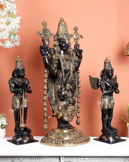 Black Finish Chola Inspired Brass Tirupati Balaji with Hanuman & Garuda Statue Set – Divine Temple Ensemble 34.5 inch - Budhshiv.com