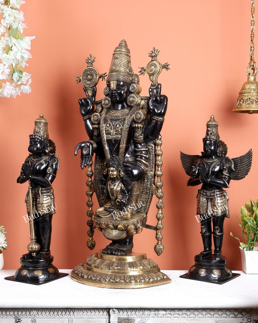 Black Finish Chola Inspired Brass Tirupati Balaji with Hanuman & Garuda Statue Set – Divine Temple Ensemble 34.5 inch - Budhshiv.com