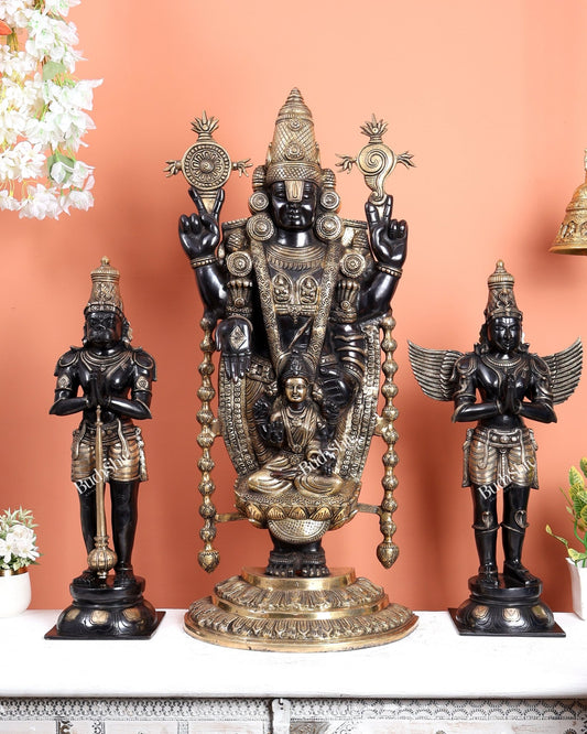 Black Finish Chola Inspired Brass Tirupati Balaji with Hanuman & Garuda Statue Set – Divine Temple Ensemble 34.5 inch - Budhshiv.com