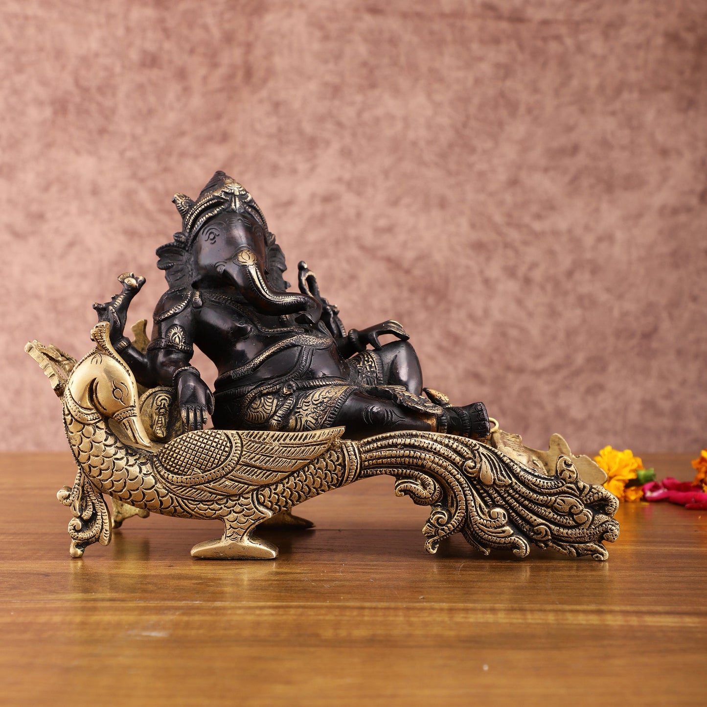 Black Gold Brass Lord Ganapathi Statue on Peacock Throne – 7.5" Exquisite Handcrafted Idol - Budhshiv.com