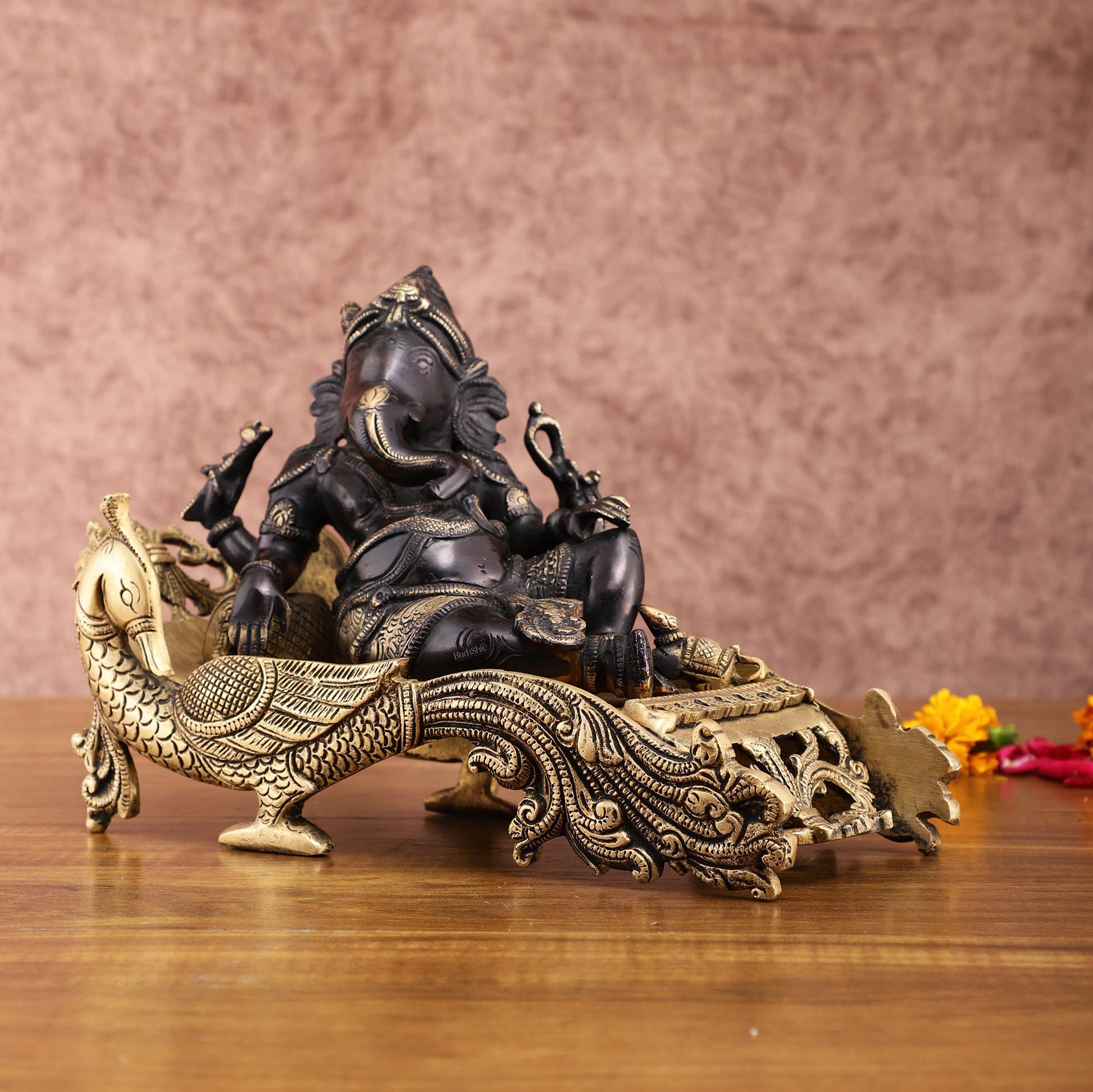 Black Gold Brass Lord Ganapathi Statue on Peacock Throne – 7.5" Exquisite Handcrafted Idol - Budhshiv.com
