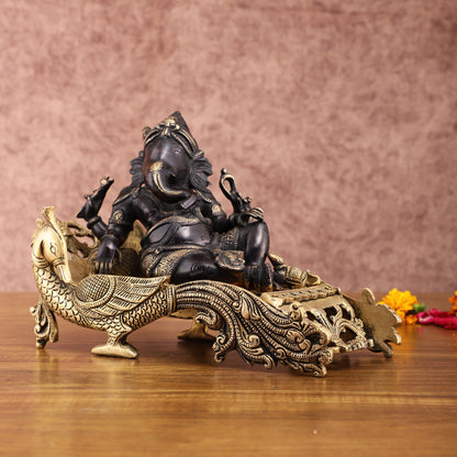 Black Gold Brass Lord Ganapathi Statue on Peacock Throne – 7.5" Exquisite Handcrafted Idol - Budhshiv.com