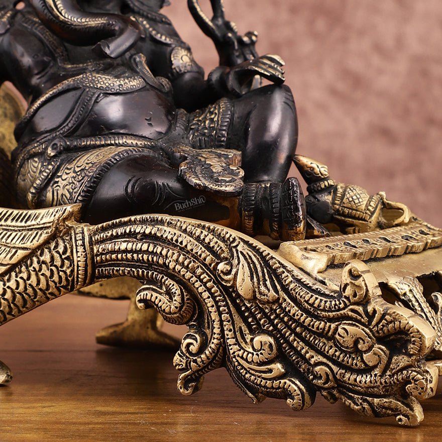 Black Gold Brass Lord Ganapathi Statue on Peacock Throne – 7.5" Exquisite Handcrafted Idol - Budhshiv.com