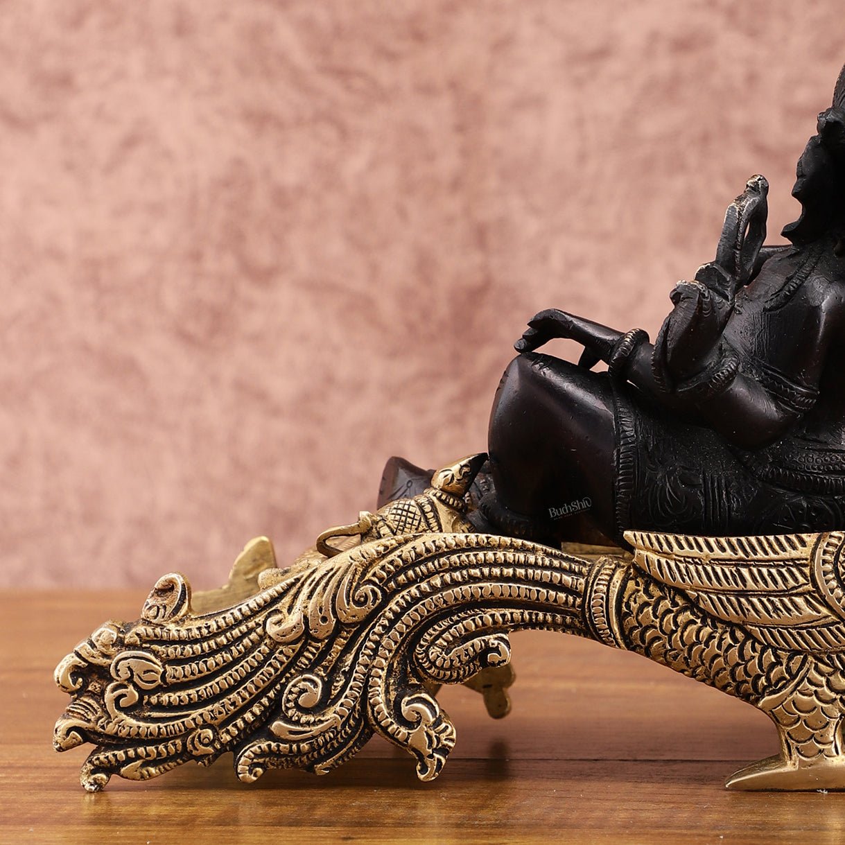 Black Gold Brass Lord Ganapathi Statue on Peacock Throne – 7.5" Exquisite Handcrafted Idol - Budhshiv.com