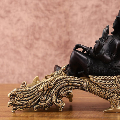 Black Gold Brass Lord Ganapathi Statue on Peacock Throne – 7.5" Exquisite Handcrafted Idol - Budhshiv.com