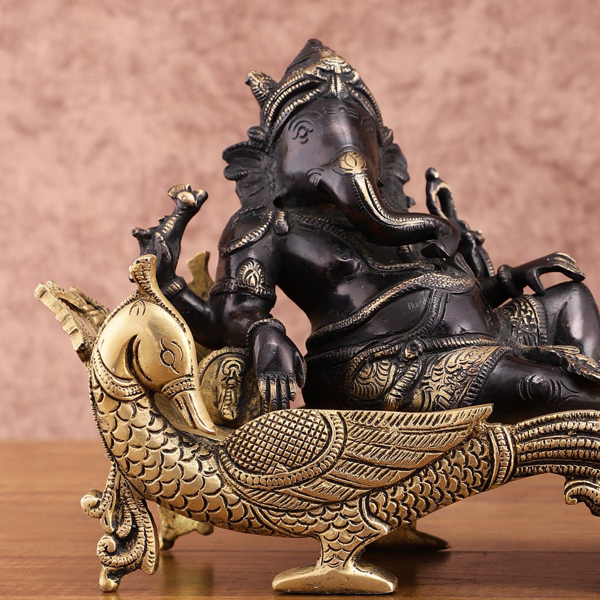 Black Gold Brass Lord Ganapathi Statue on Peacock Throne – 7.5" Exquisite Handcrafted Idol - Budhshiv.com