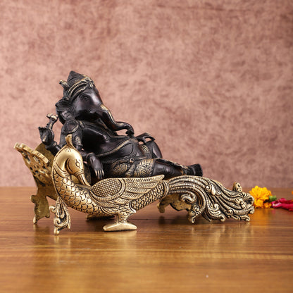 Black Gold Brass Lord Ganapathi Statue on Peacock Throne – 7.5" Exquisite Handcrafted Idol - Budhshiv.com