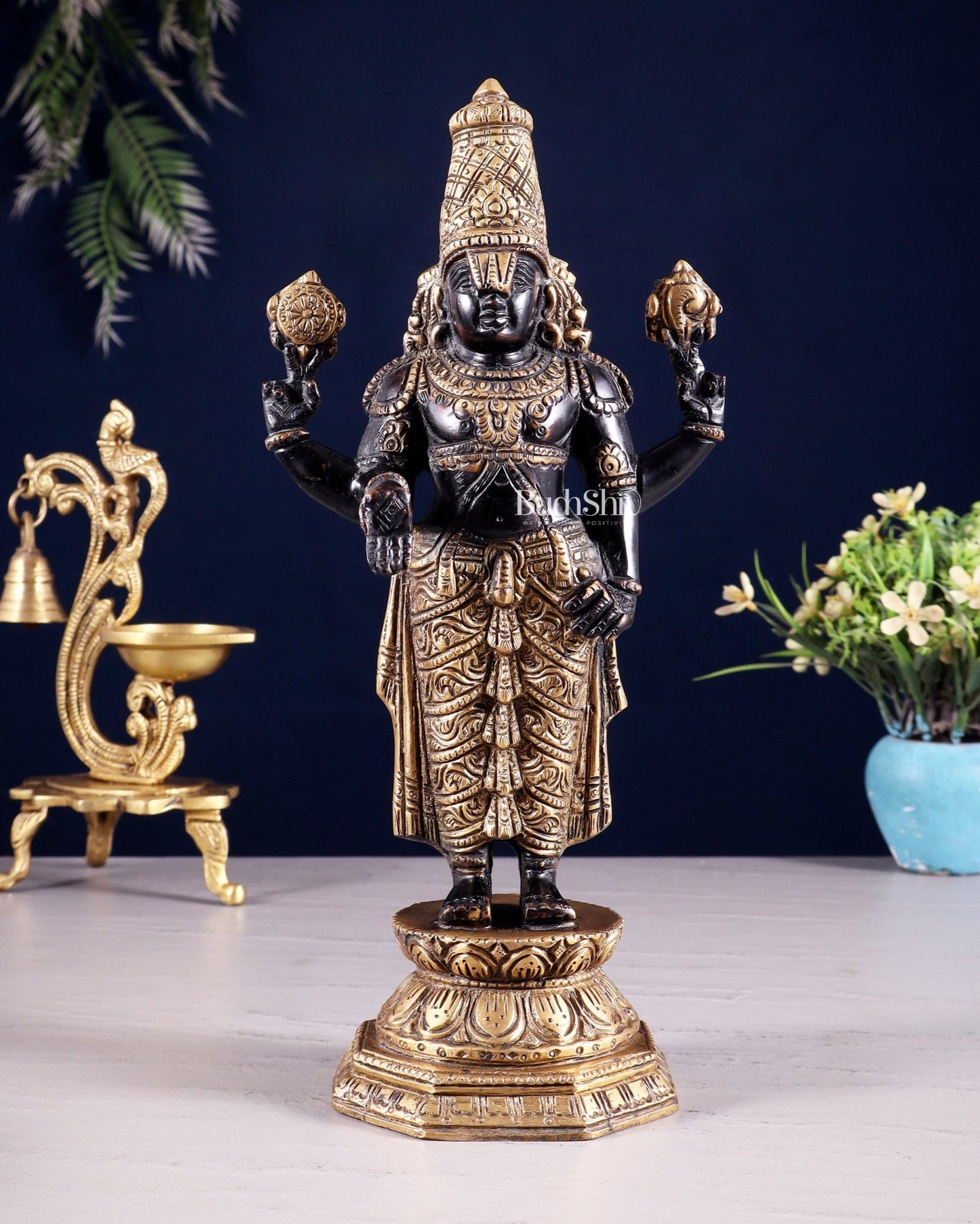 Black & Gold Brass Tirupati Balaji Statue | 12" Height - Budhshiv.com