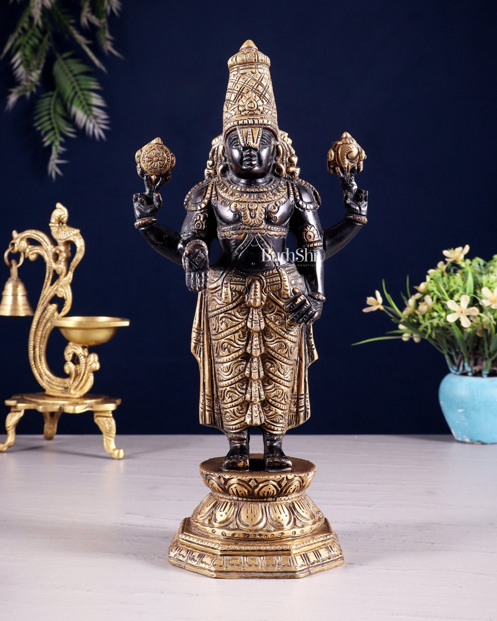 Black & Gold Brass Tirupati Balaji Statue | 12" Height - Budhshiv.com