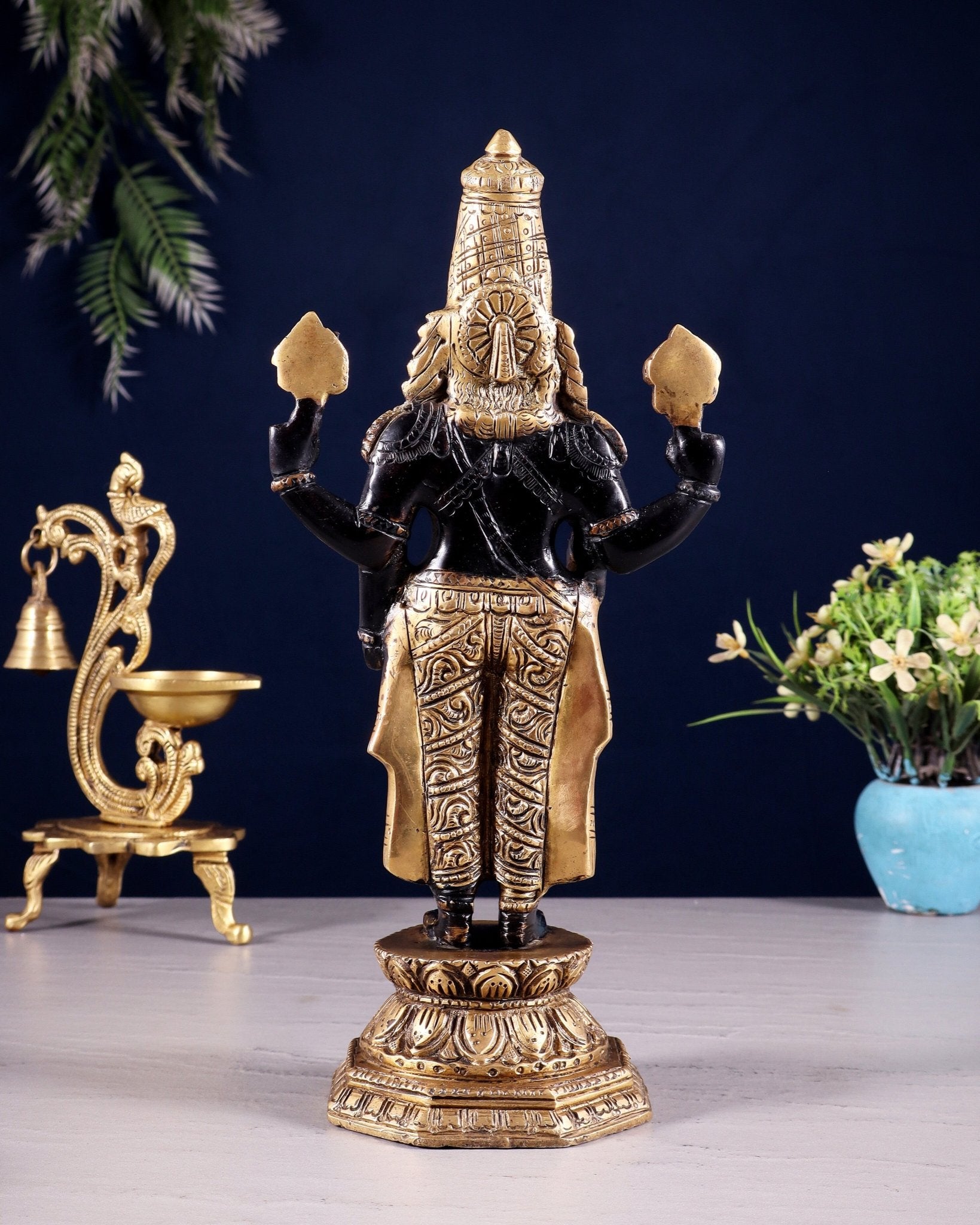 Black & Gold Brass Tirupati Balaji Statue | 12" Height - Budhshiv.com