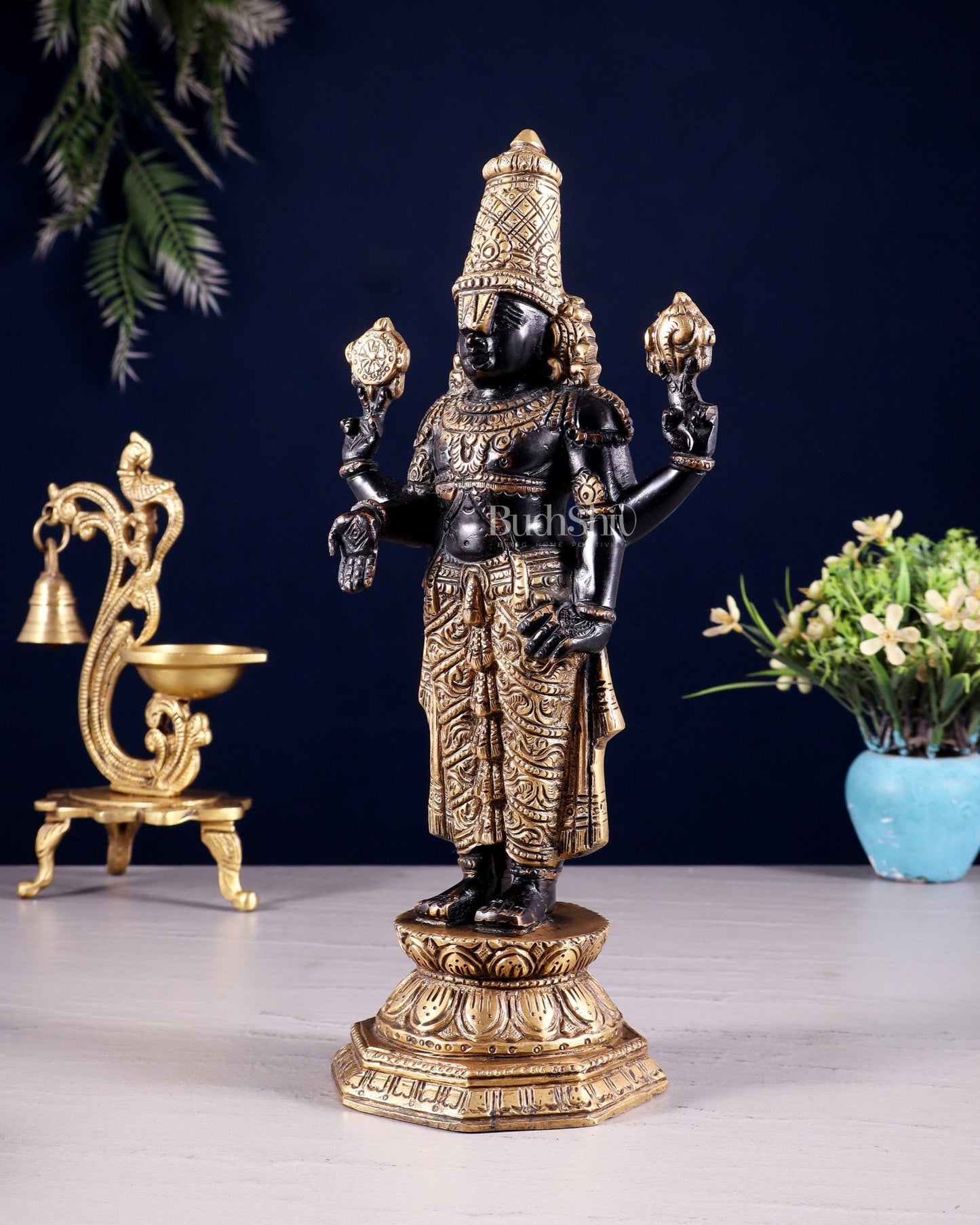 Black & Gold Brass Tirupati Balaji Statue | 12" Height - Budhshiv.com