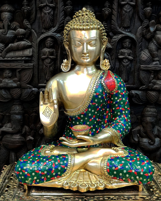 Blessing Buddha Brass Idol with Medicine Bowl - 20" Handcrafted - Budhshiv.com