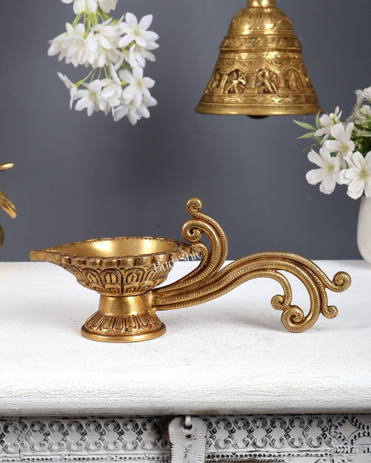 Brass aarti diya with handle 4 x 9.5" - Budhshiv.com