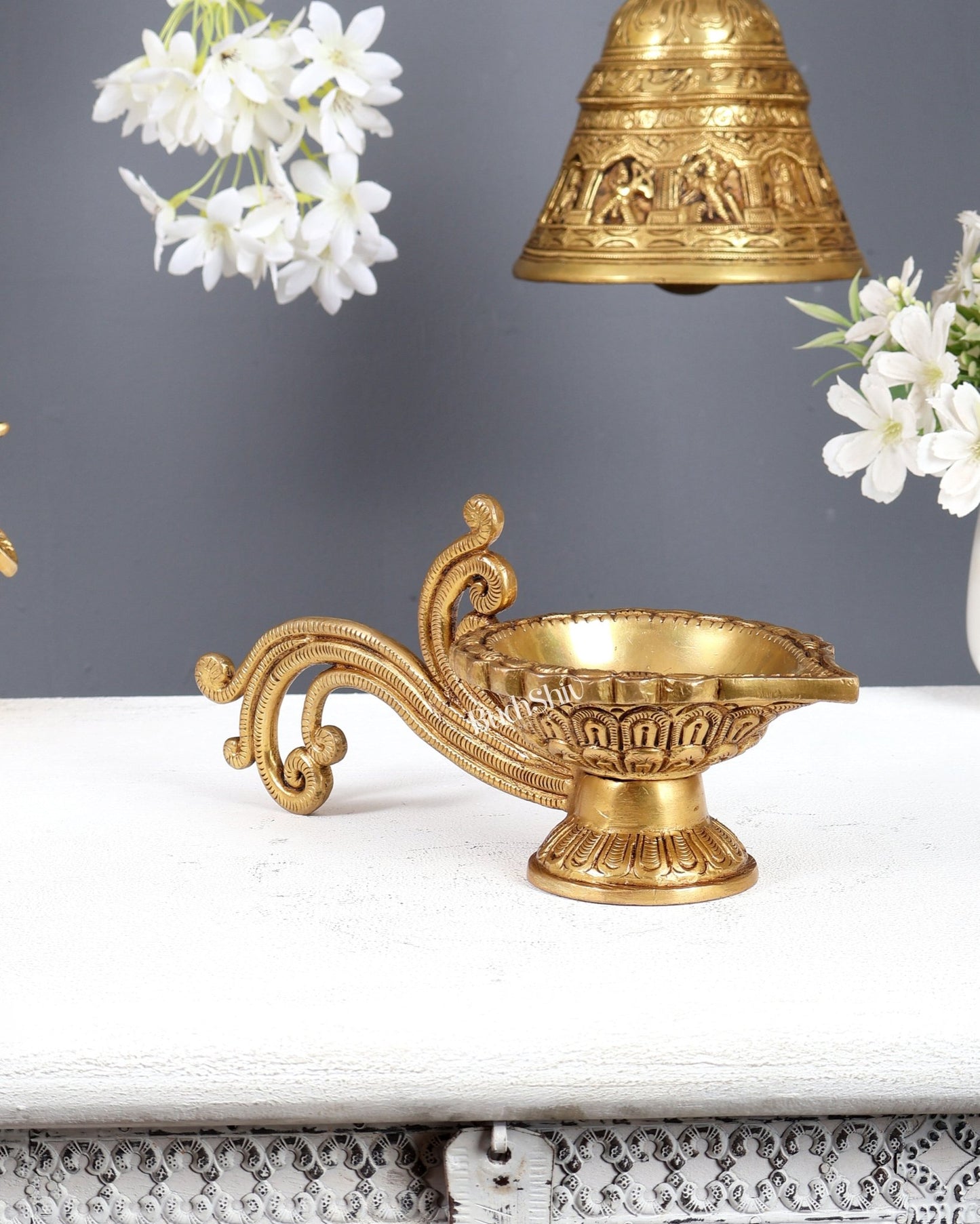 Brass aarti diya with handle 4 x 9.5" - Budhshiv.com