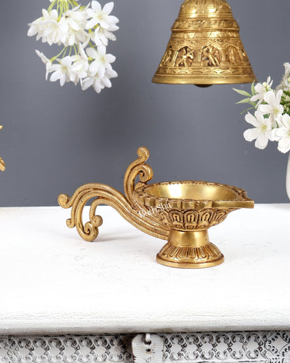 Brass aarti diya with handle 4 x 9.5" - Budhshiv.com