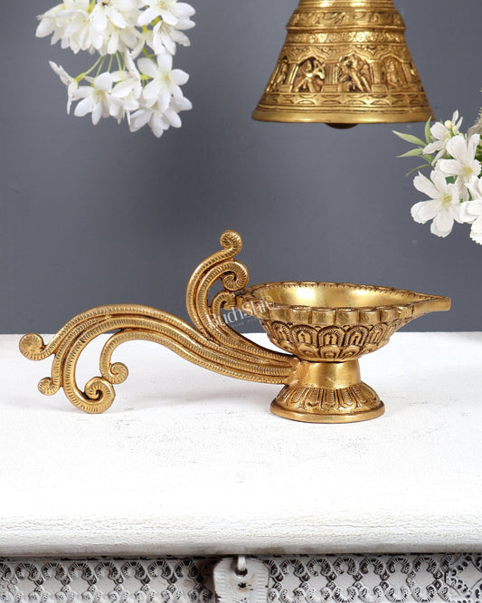 Brass aarti diya with handle 4 x 9.5" - Budhshiv.com