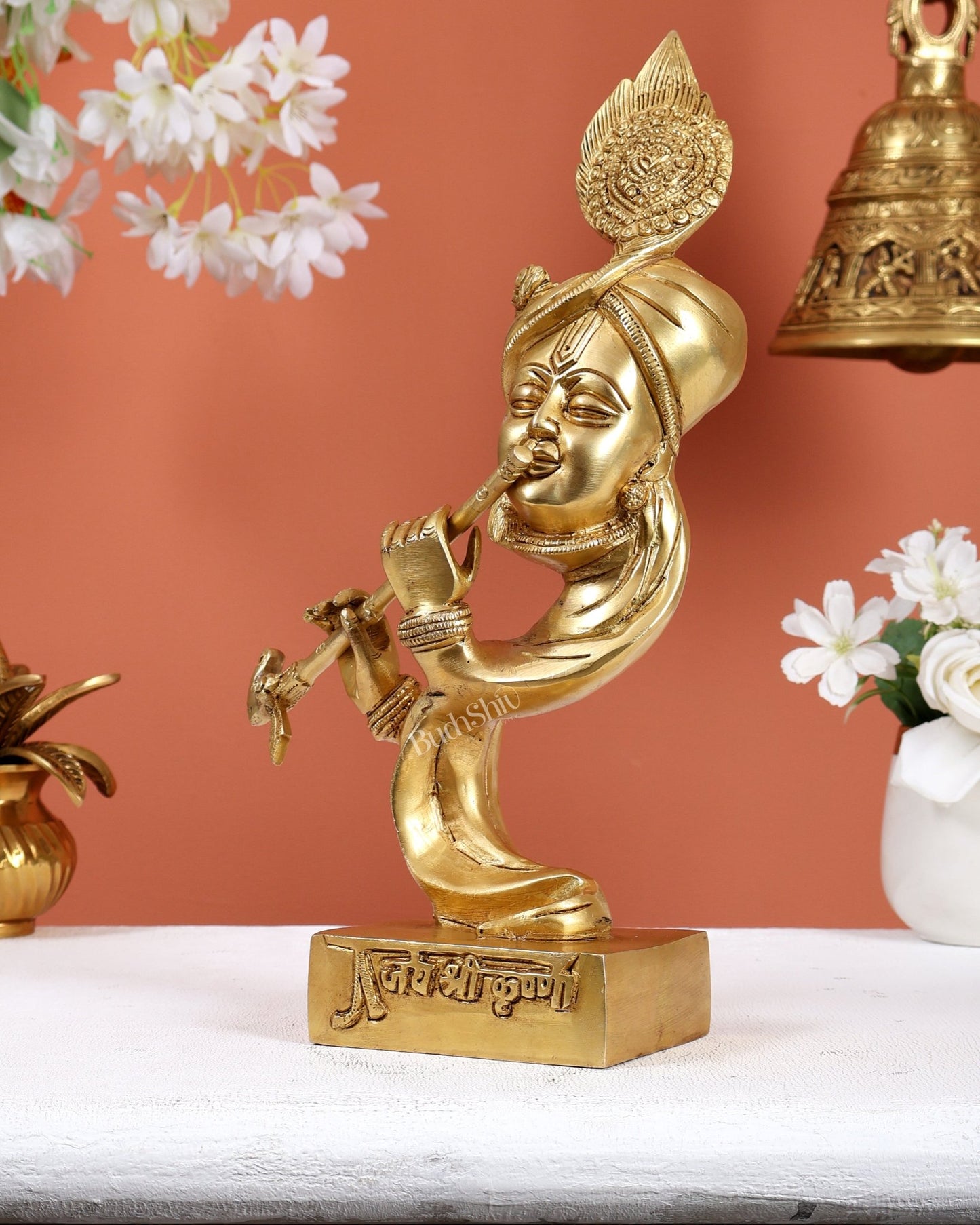Brass Abstract Aatma Krishna Statue with Jai Shri Krishna Carvings – Auspicious Spiritual Artefact 12 inch - Budhshiv.com