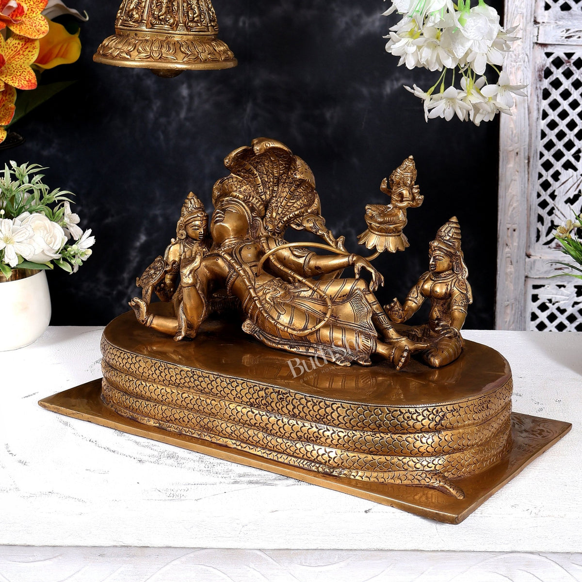 Brass Ananta Shayana Vishnu on Sheshanaag with Bhudevi, Sridevi & Brahma 15.5 inch wide - Budhshiv.com