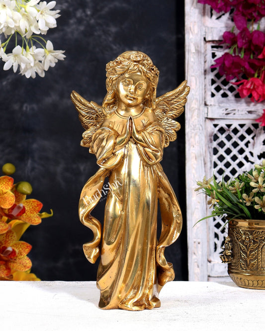 Brass Angel Devoted with Palms Together in Namaste Sculpture 12 inch - Budhshiv.com