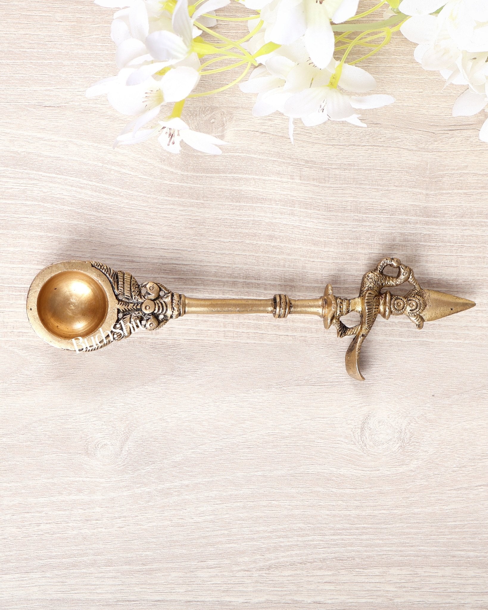 Brass Annam Design Hawan Ghee Sruva Spoon – Yagya Pooja Offering Ladle (7.5 Inches) - Budhshiv.com