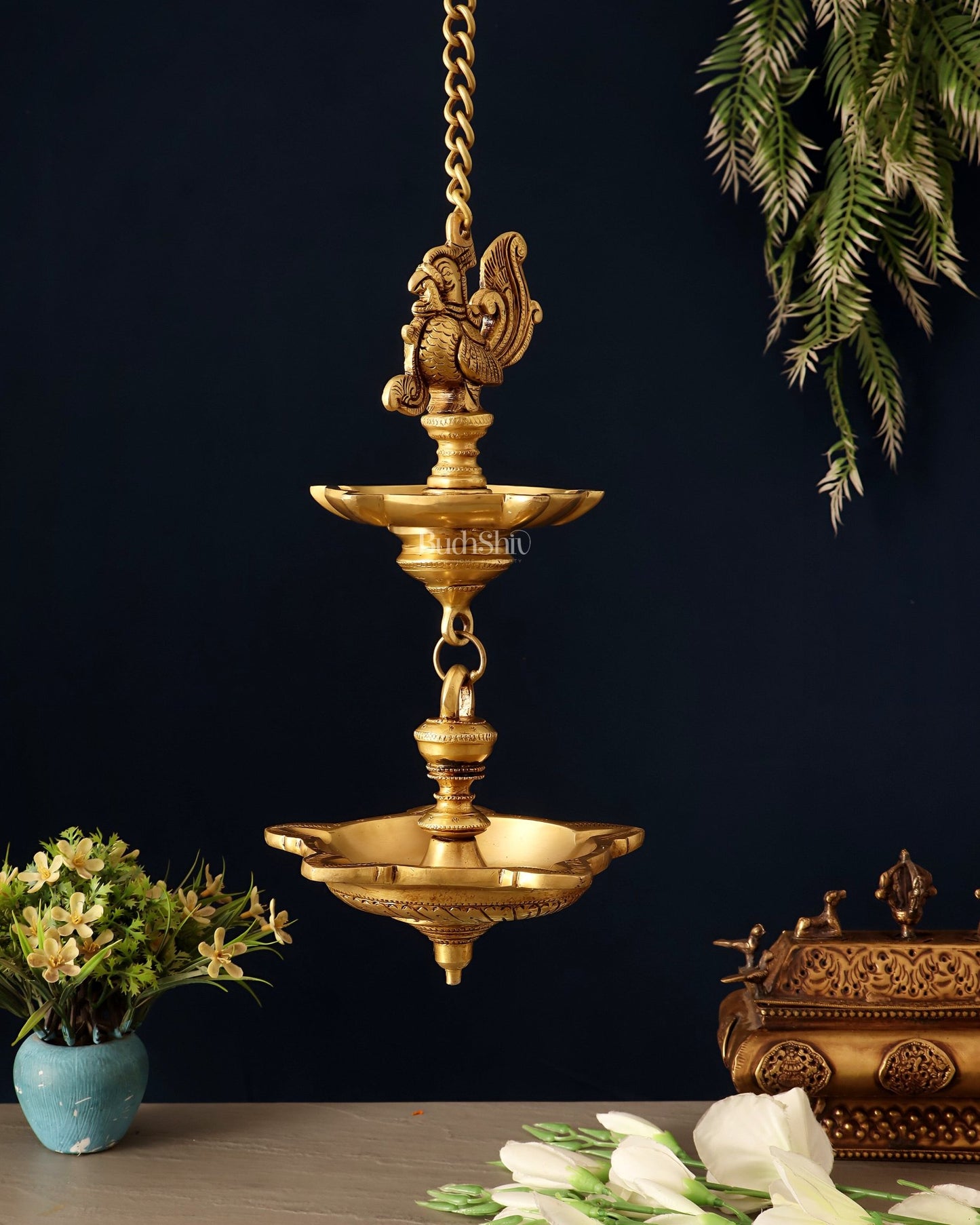 Brass Annam Pakshi Dual Hanging Lamp 27" - Budhshiv.com