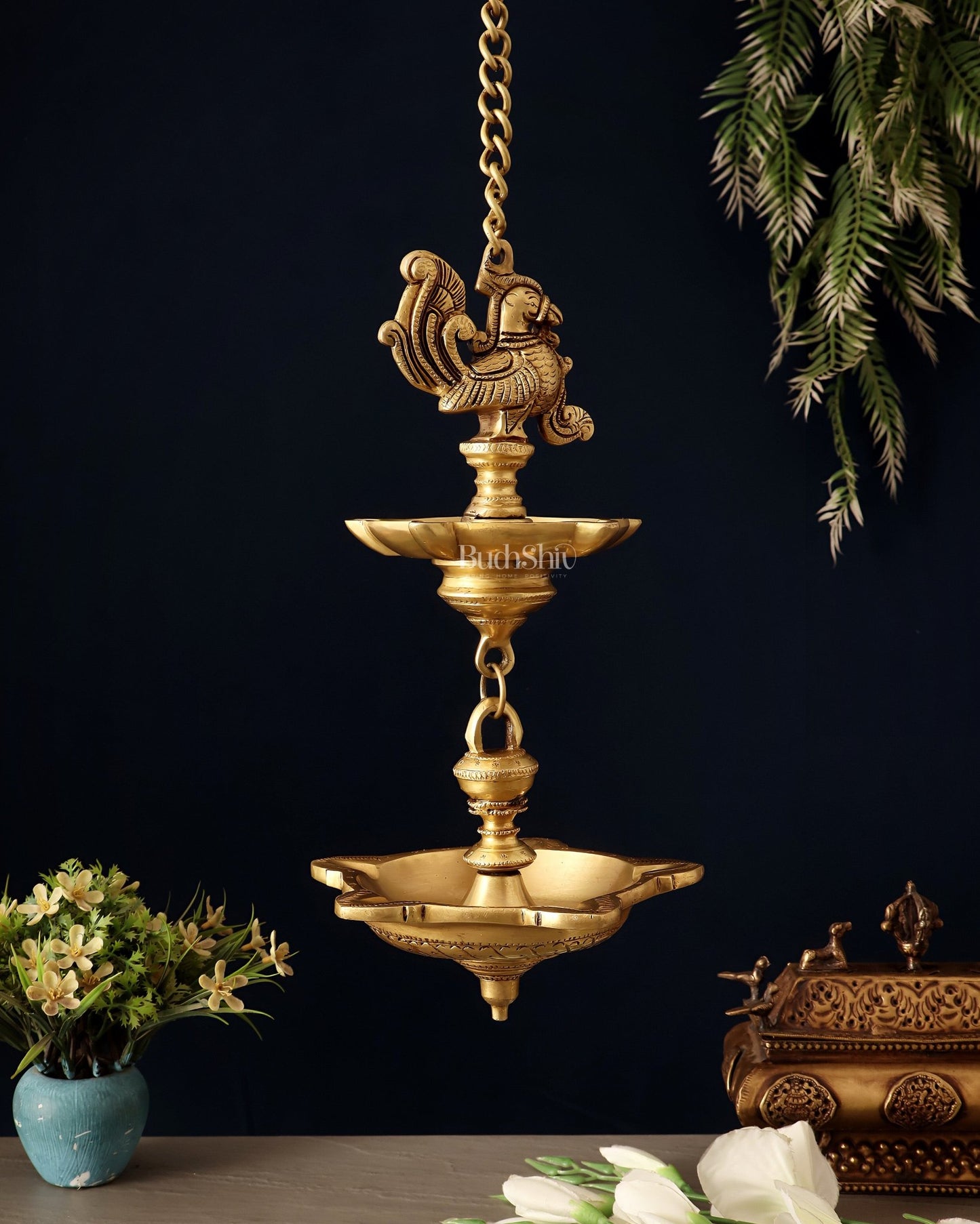 Brass Annam Pakshi Dual Hanging Lamp 27" - Budhshiv.com