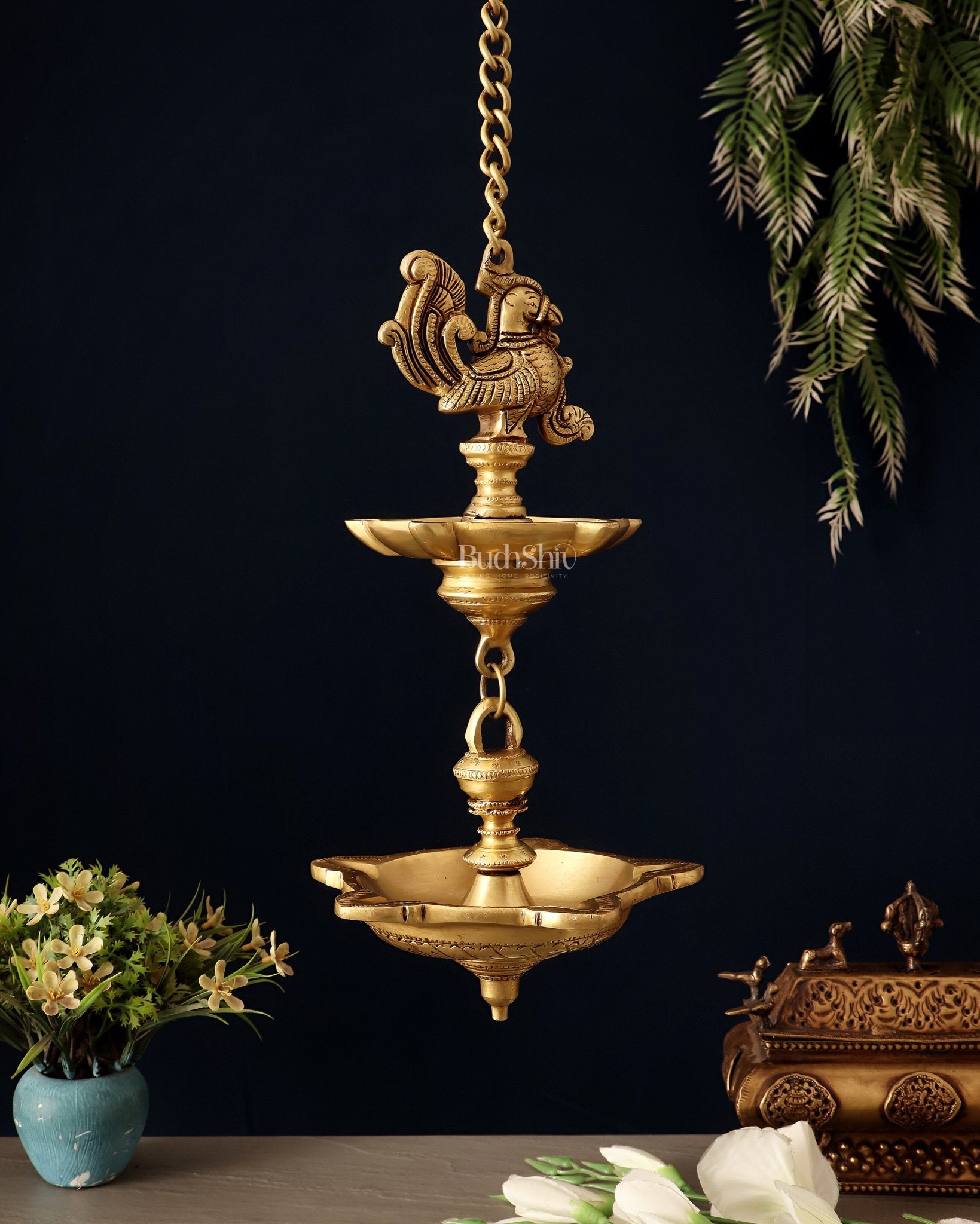 Brass Annam Pakshi Dual Hanging Lamp 27" - Budhshiv.com