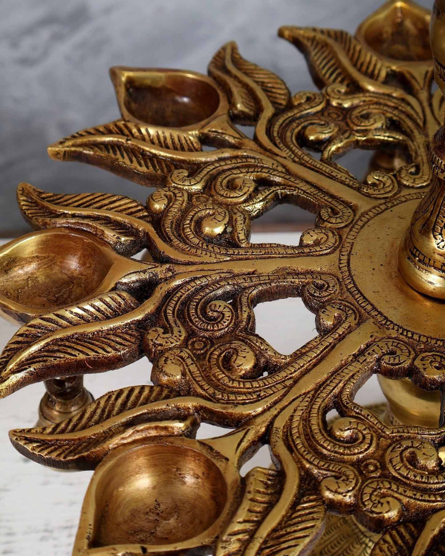 Brass Annam Pakshi Peacock Oil Lamp – 7 Wick Diya with Hanging Bells (13.4 Inches) - Budhshiv.com