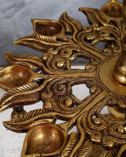 Brass Annam Pakshi Peacock Oil Lamp – 7 Wick Diya with Hanging Bells (13.4 Inches) - Budhshiv.com