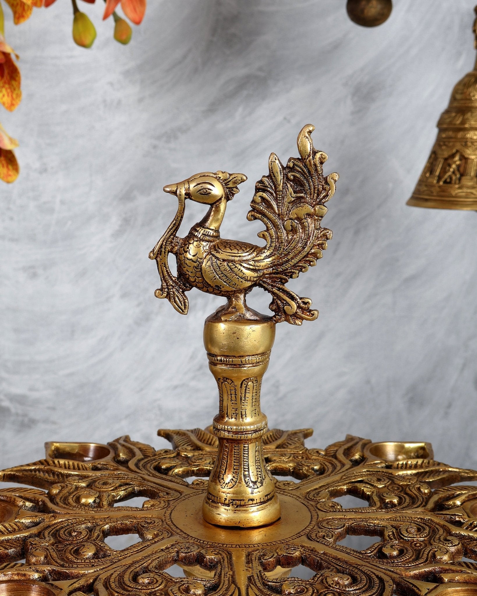 Brass Annam Pakshi Peacock Oil Lamp – 7 Wick Diya with Hanging Bells (13.4 Inches) - Budhshiv.com
