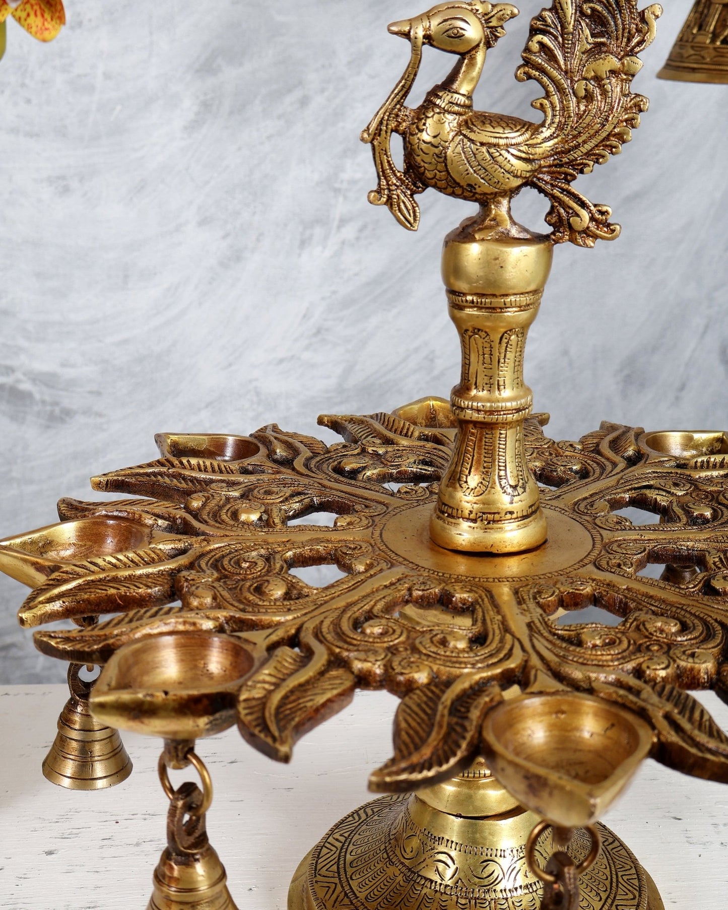 Brass Annam Pakshi Peacock Oil Lamp – 7 Wick Diya with Hanging Bells (13.4 Inches) - Budhshiv.com