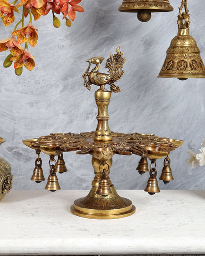 Brass Annam Pakshi Peacock Oil Lamp – 7 Wick Diya with Hanging Bells (13.4 Inches) - Budhshiv.com