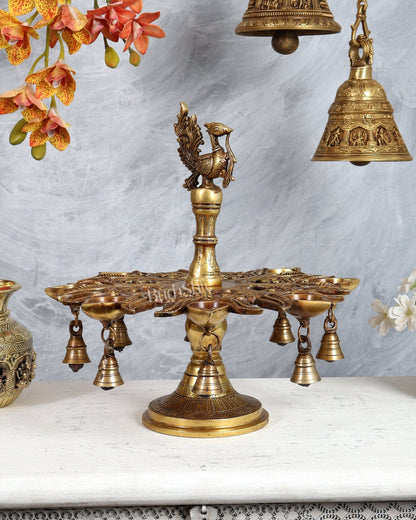 Brass Annam Pakshi Peacock Oil Lamp – 7 Wick Diya with Hanging Bells (13.4 Inches) - Budhshiv.com
